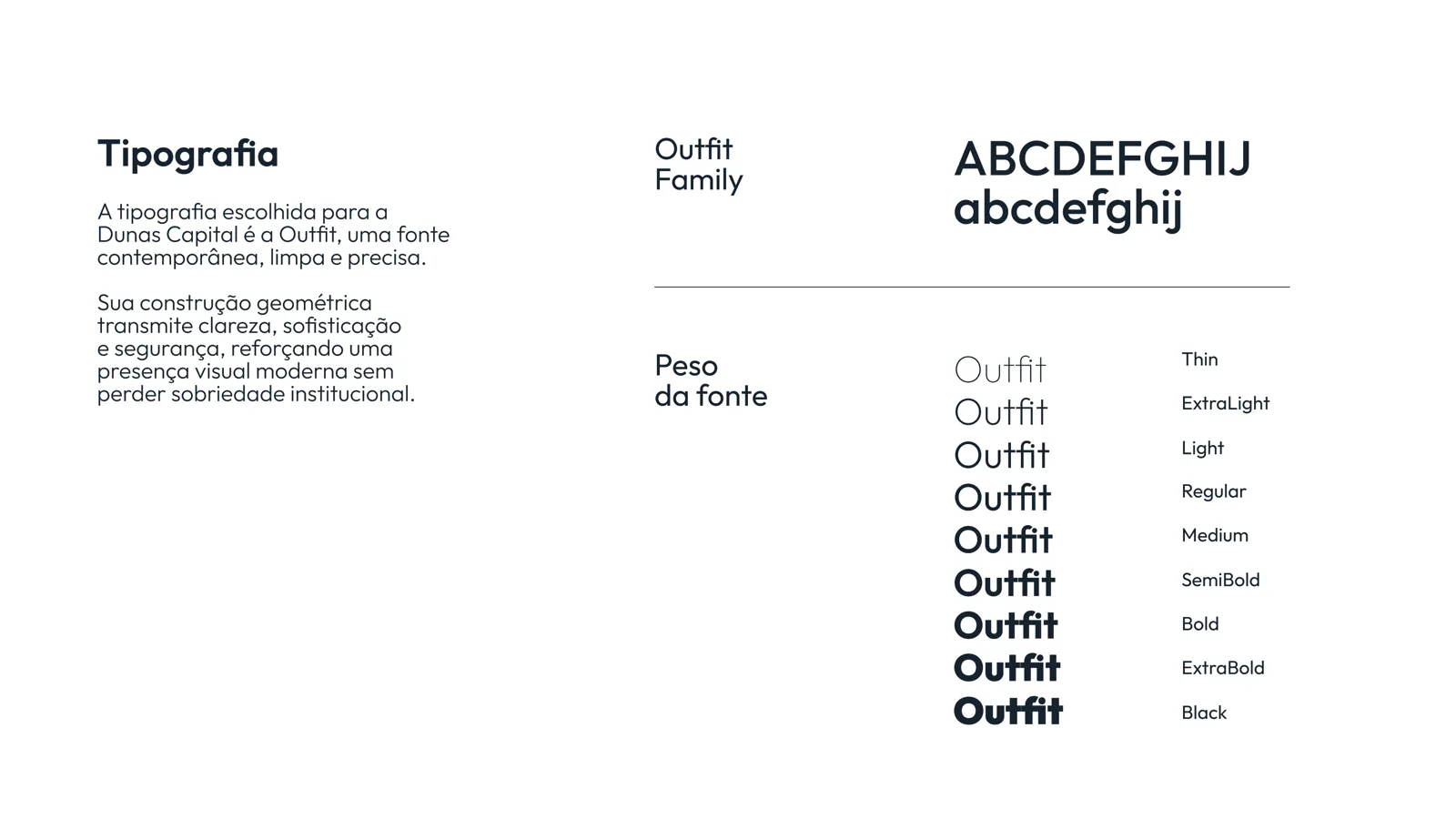 Página do brandbook com a tipografia Outfit e seus pesos